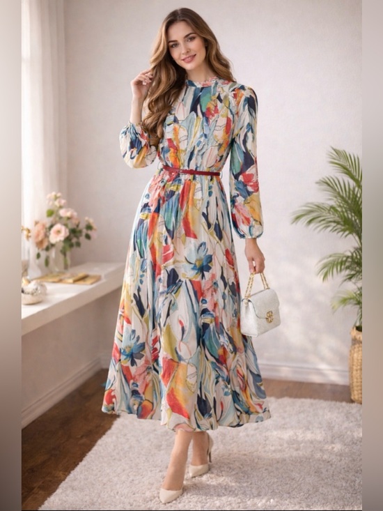 Dresses & Skirts - Elegant Floral Maxi Dress – Long Sleeve – Size Large – Chic & Flowing Style.